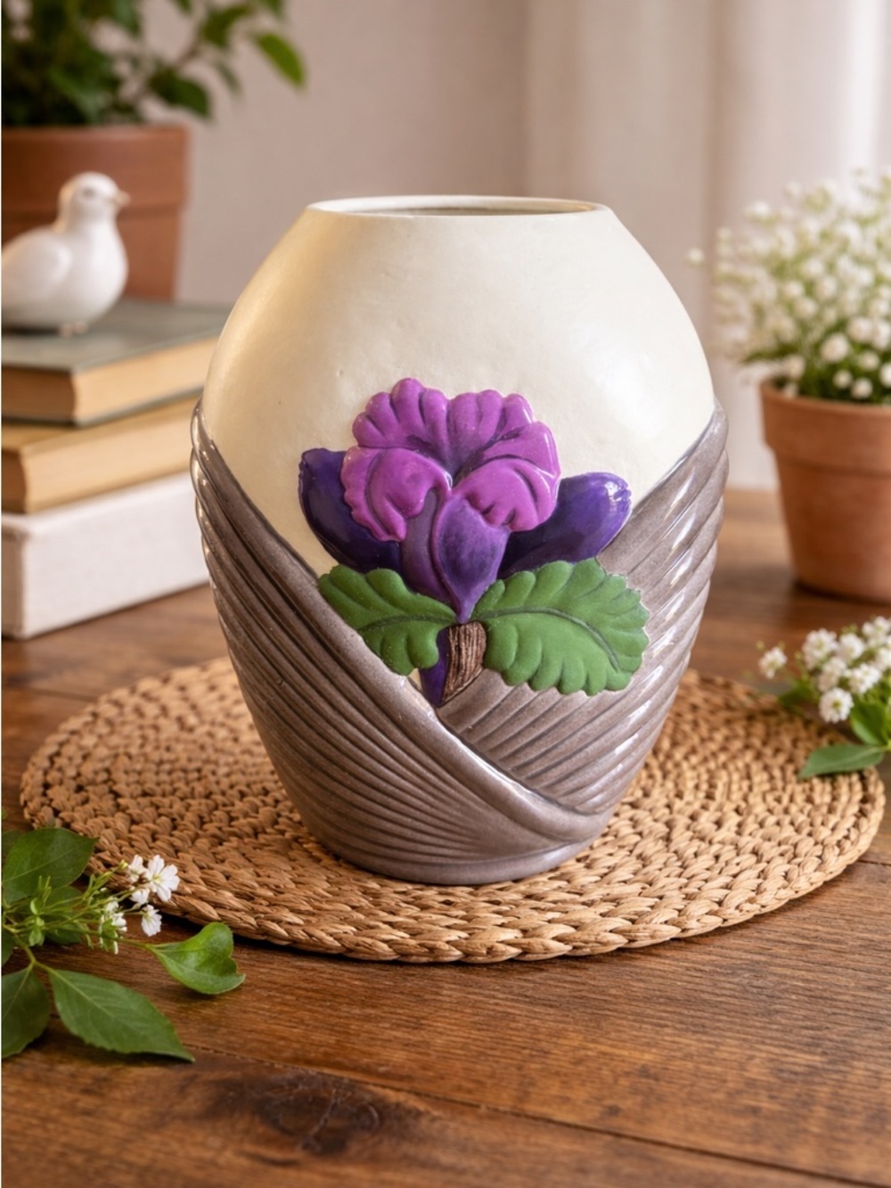Handmade Hand Painted Ceramic Floral Vase Purple Flower Rustic Cottage Decor